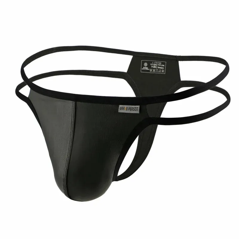BRAVE PERSON Men Briefs Sexy Underwear Men Thongs  Imitation Leather Fabric Double Belts Design Sissy Panties Thongs for Man