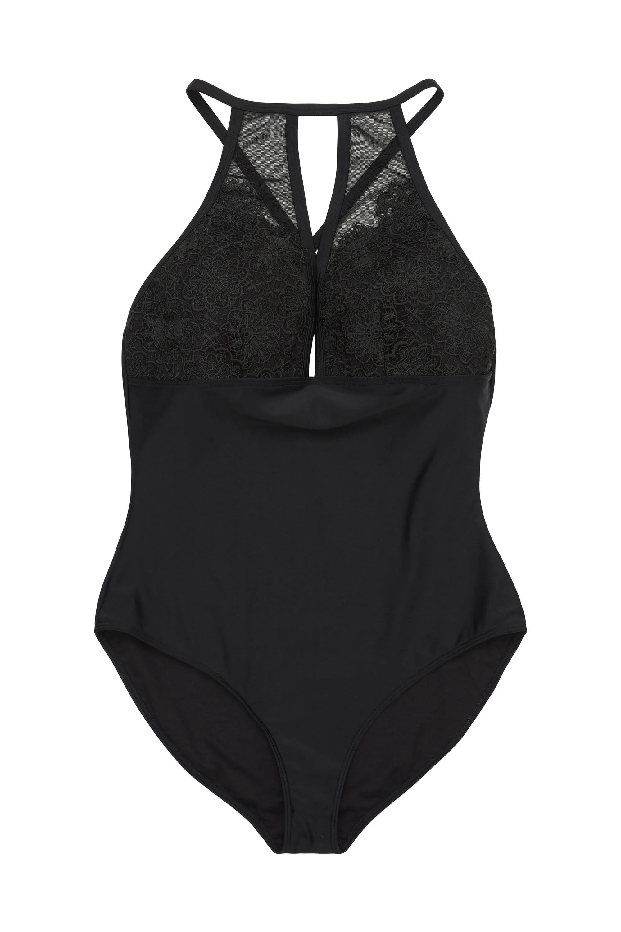 Hunter McGrady Plus Size/Curve Black High Neck Lace Panel Swimsuit