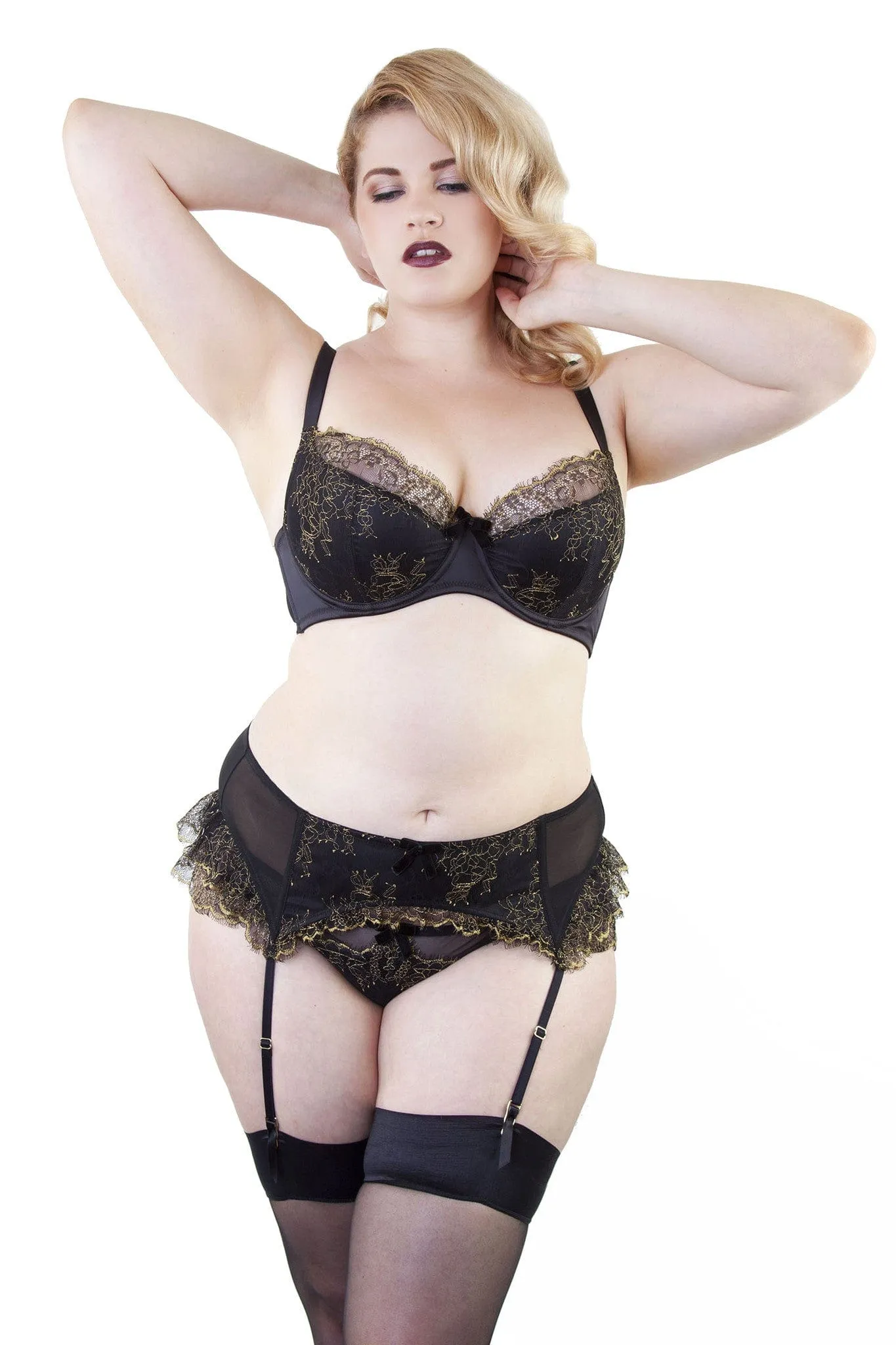 Karine Lace Overlay Suspender Black/Gold Curve