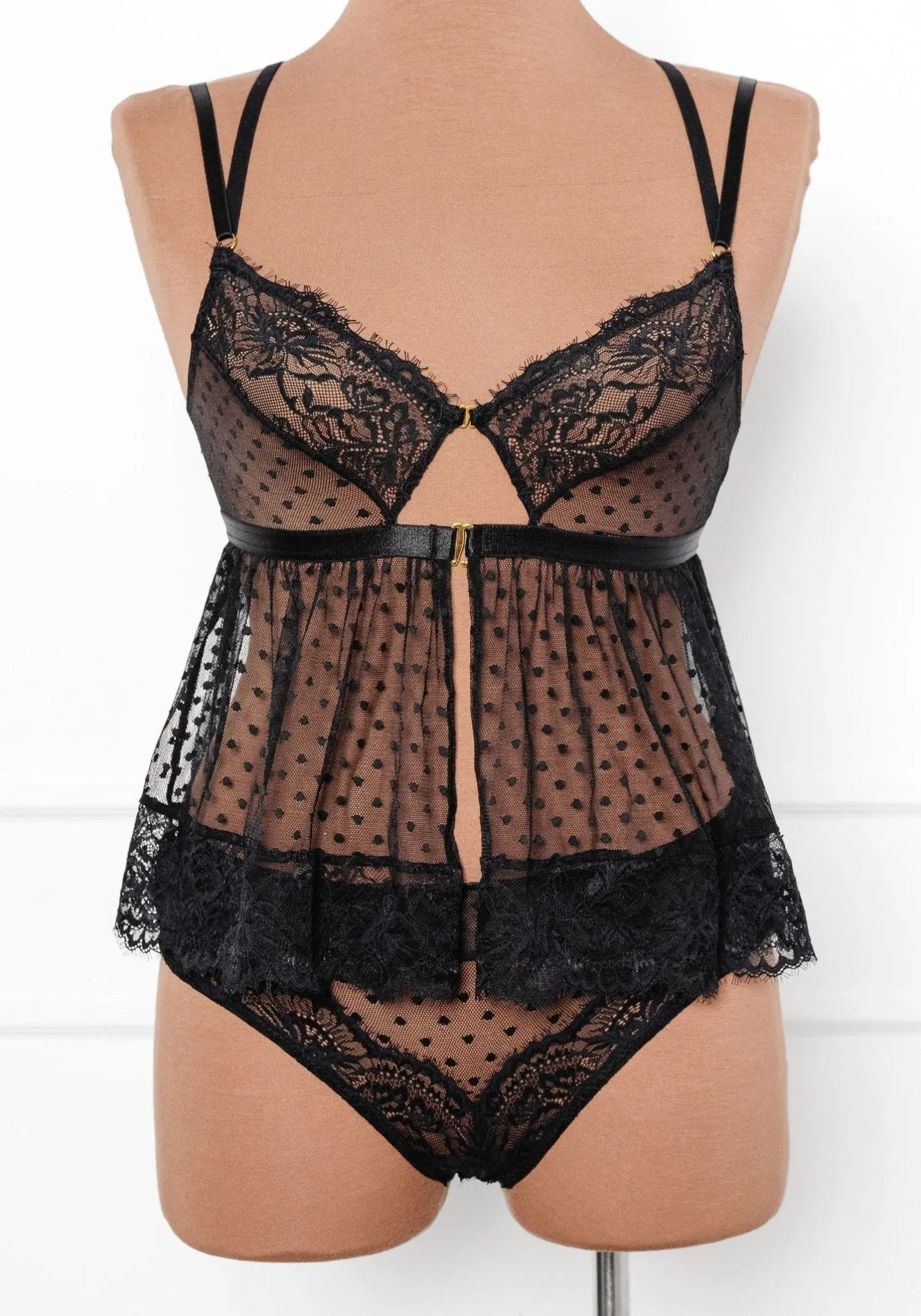 Lacy Polka Dot Crotchless Panty - Black