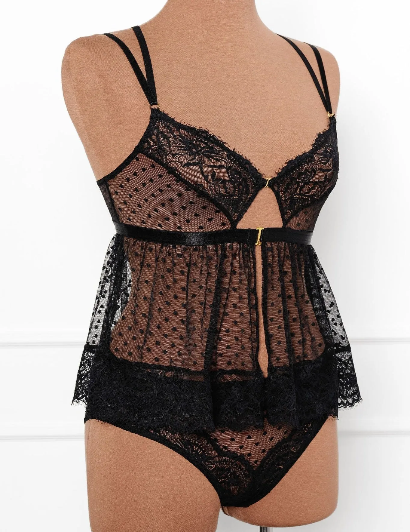 Lacy Polka Dot Crotchless Panty - Black