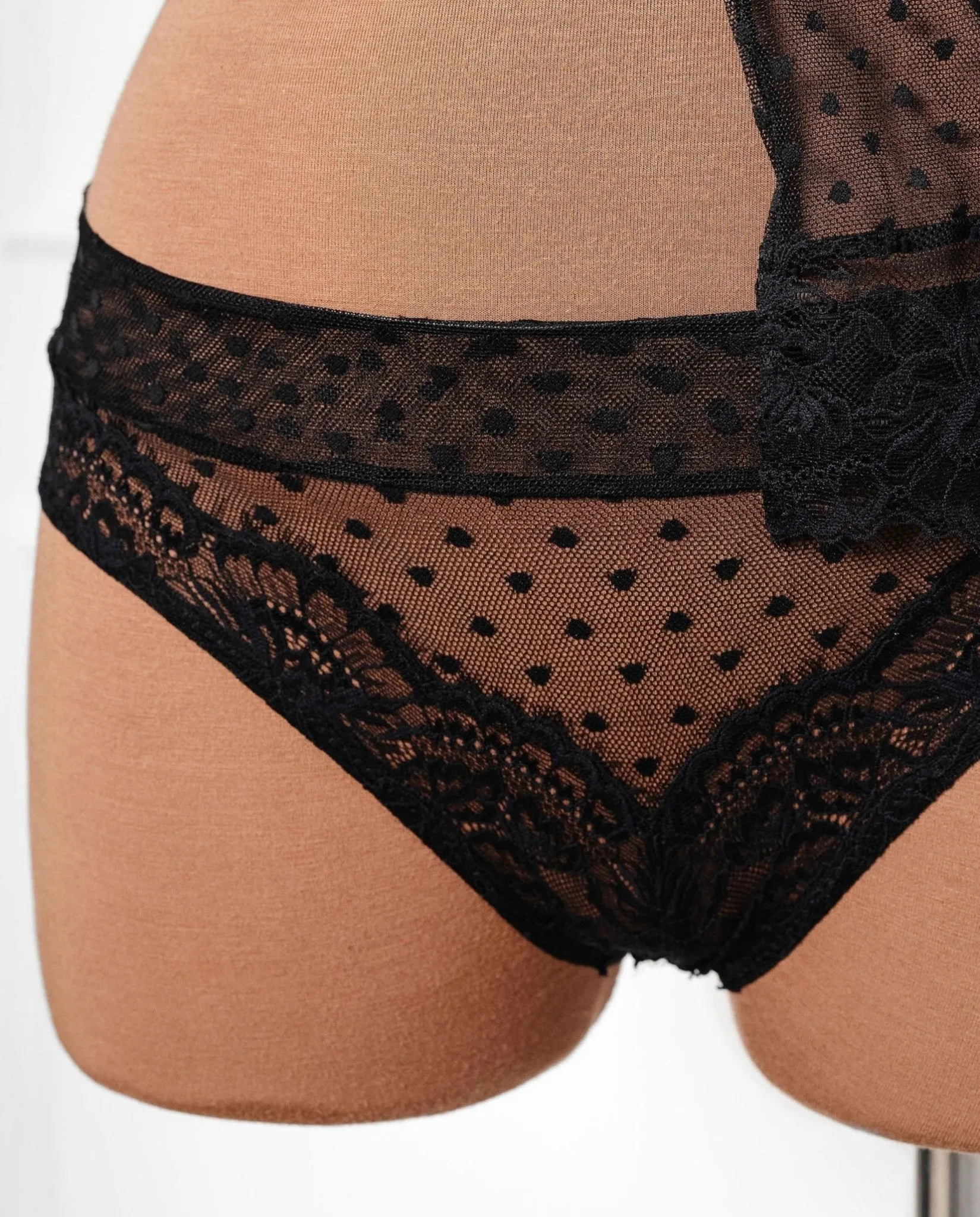 Lacy Polka Dot Crotchless Panty - Black