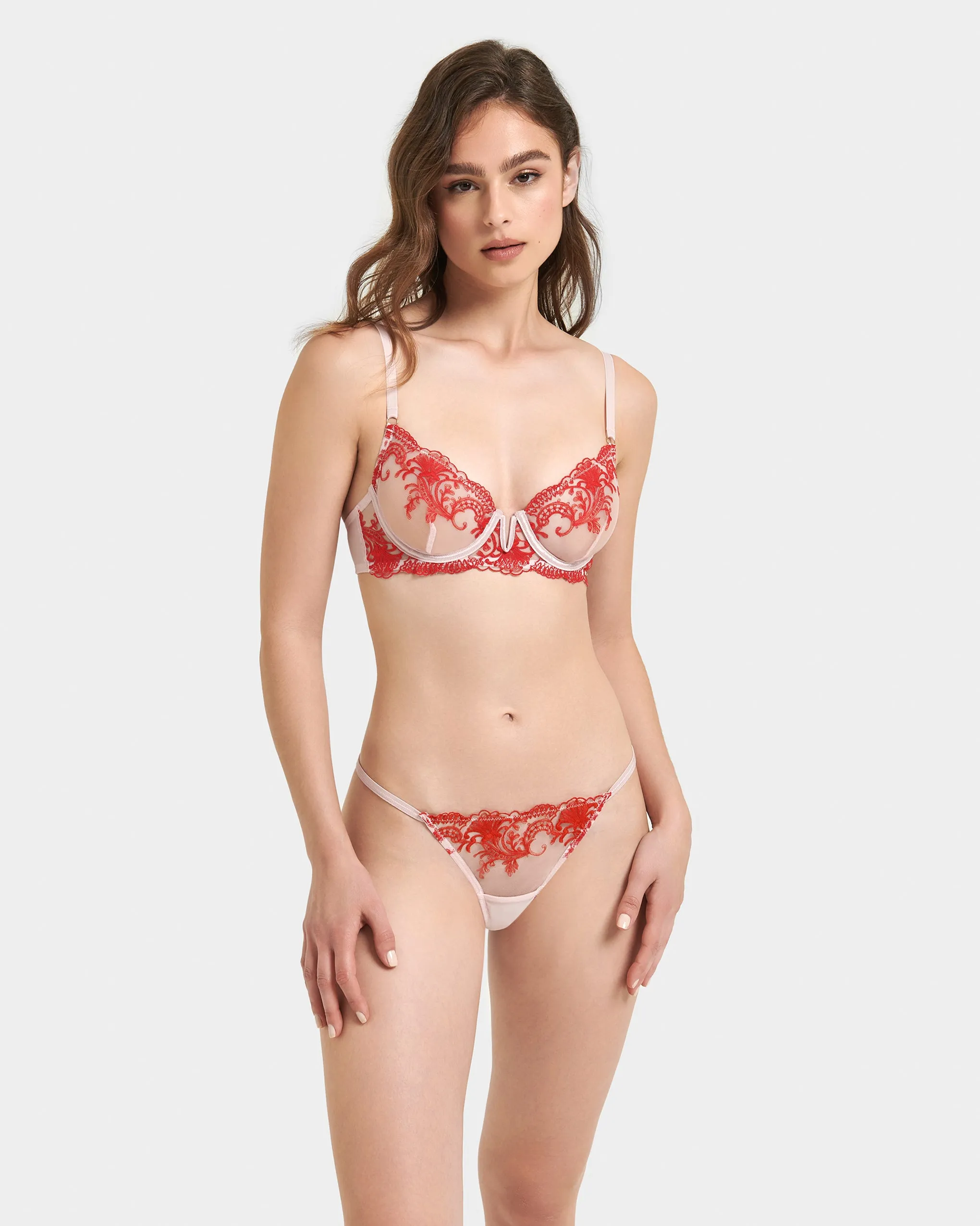 Marseille Embroidered Sheer Bra Red/Pink