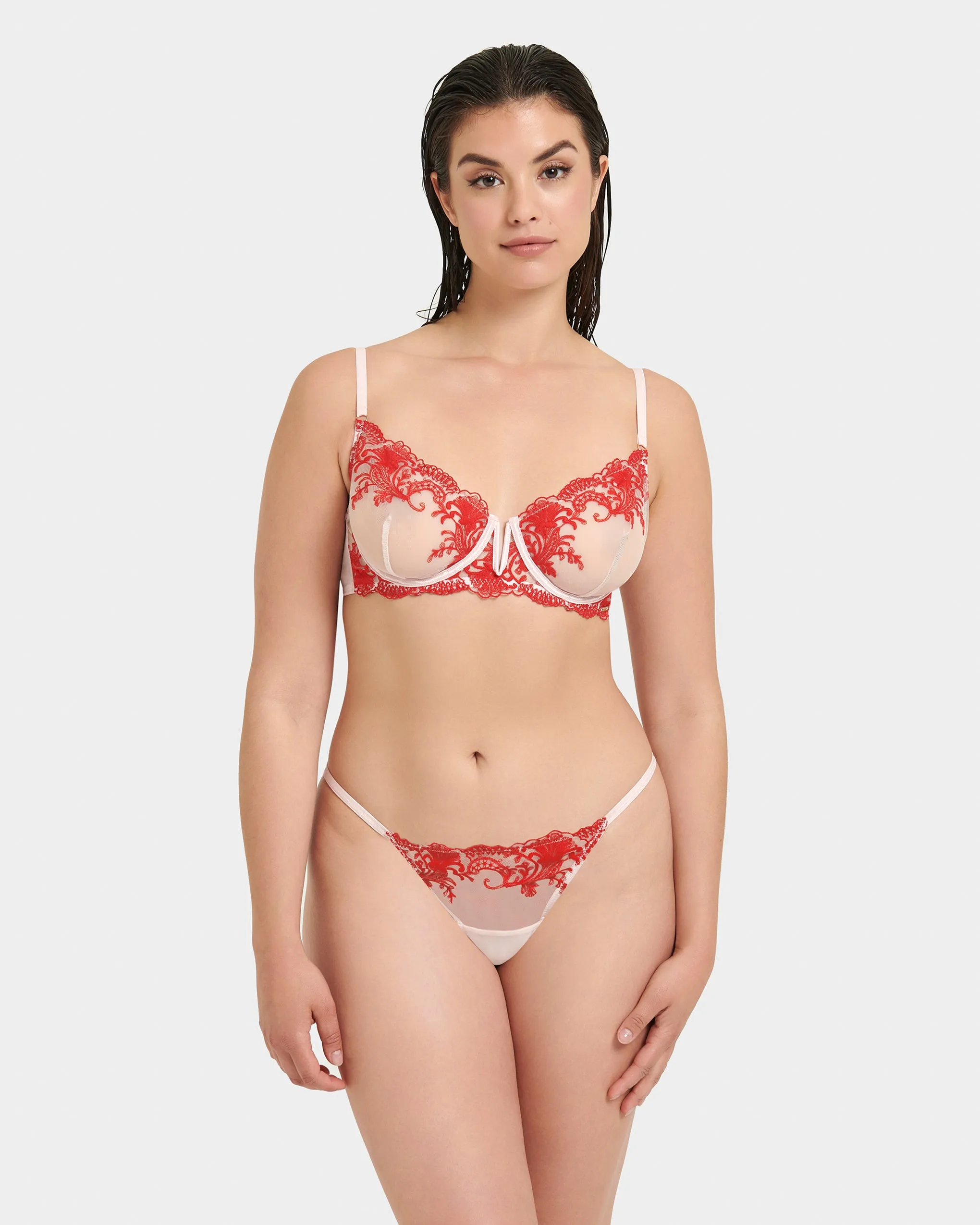 Marseille Embroidered Sheer Bra Red/Pink