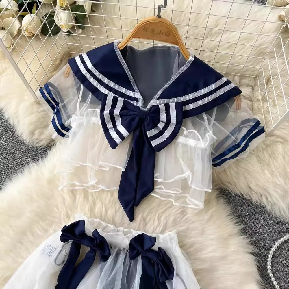 Sailor Tease Mesh Three Piece Lingerie