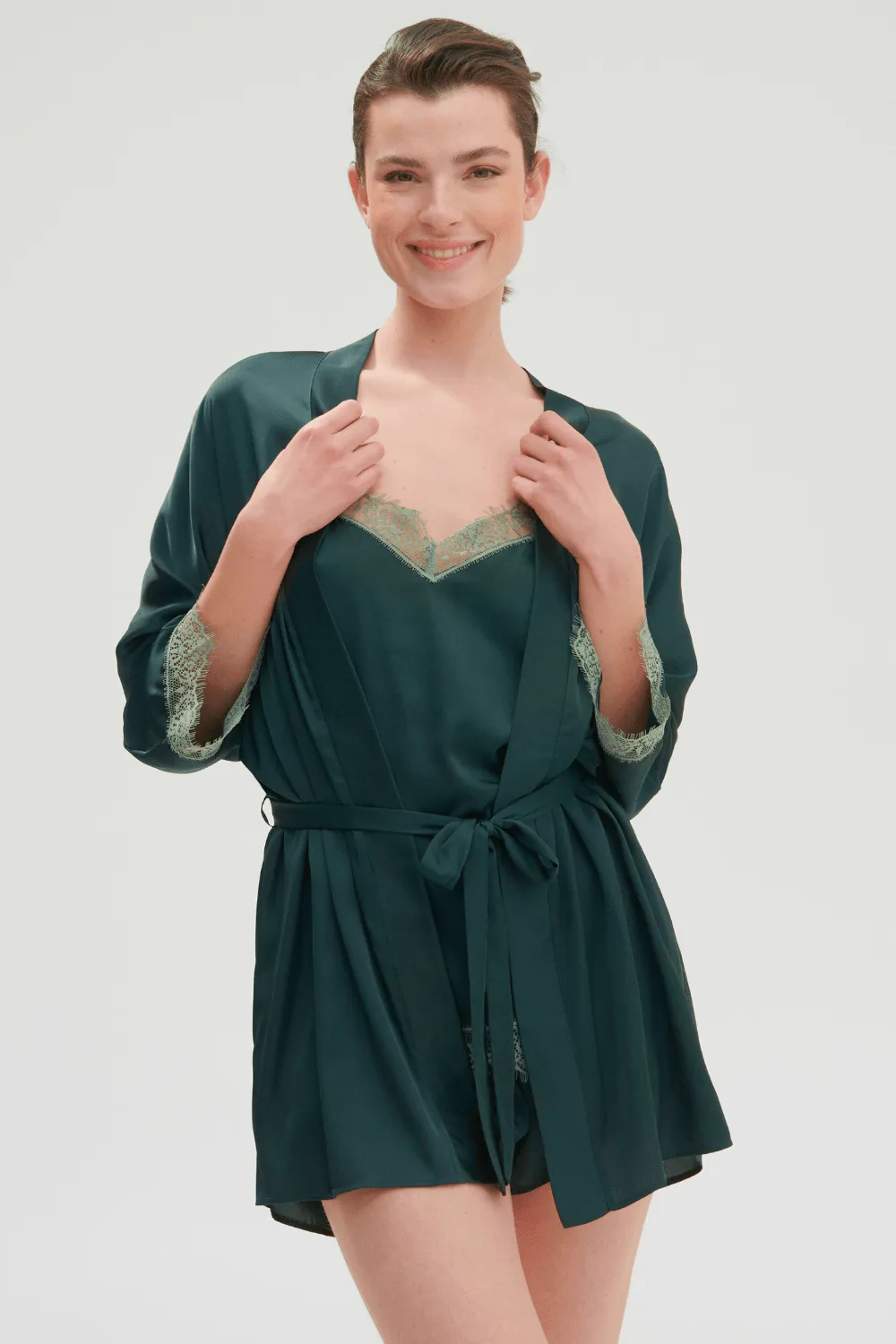 Satin Secrets Kimono in Kolsai Green