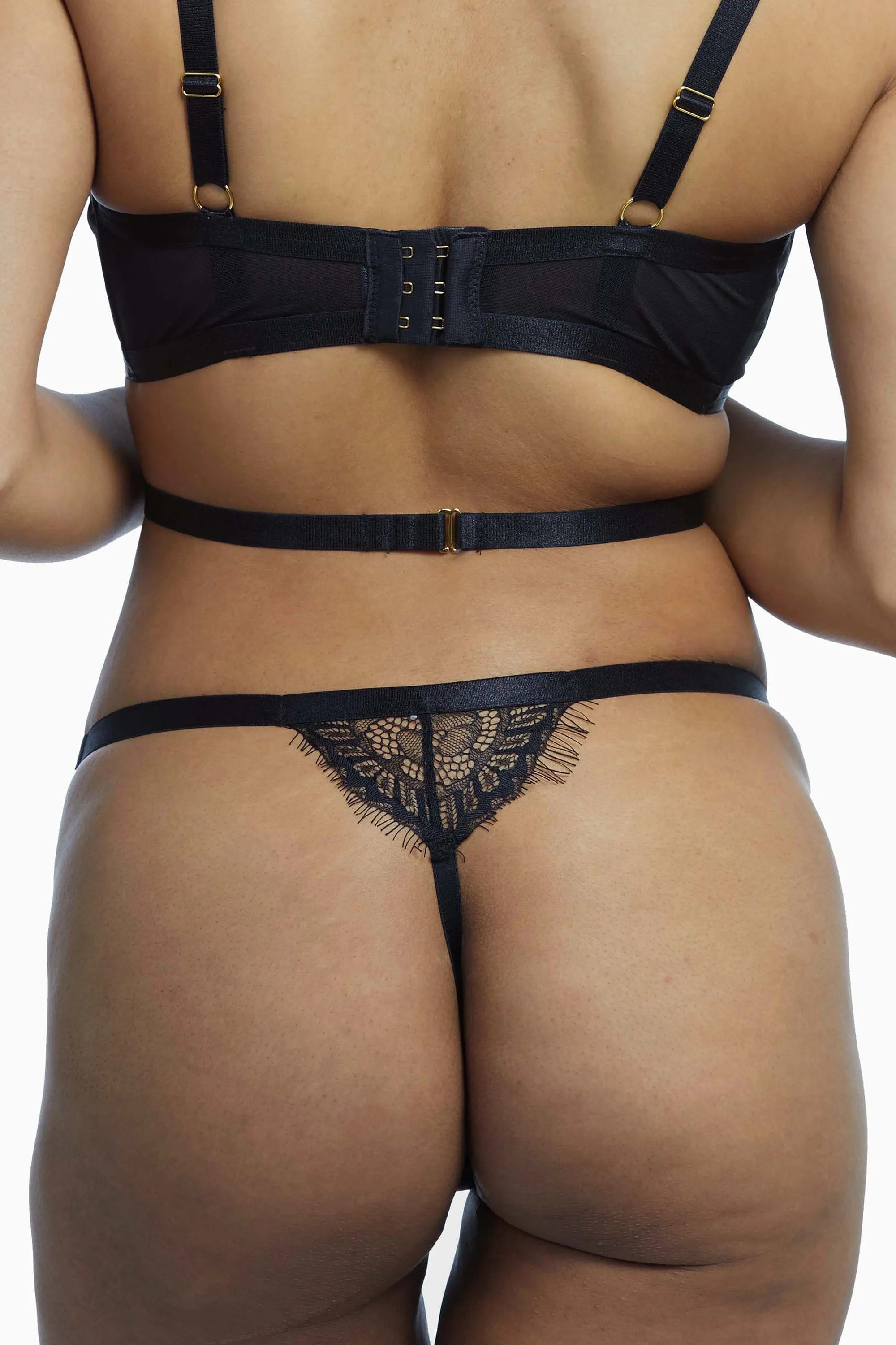 Wolf & Whistle Nevada Black Satin & Lace Harness Thong